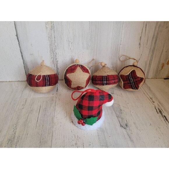 Rustic woven ball Plaid star santa hat ornament Xmas set - Picture 2 of 6